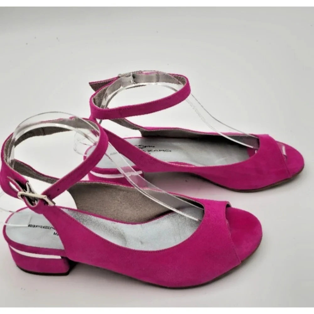 Brenda Zaro Women's Pink 37 Open Toe Block Heel Sandals Ankle Strap Suede Silver